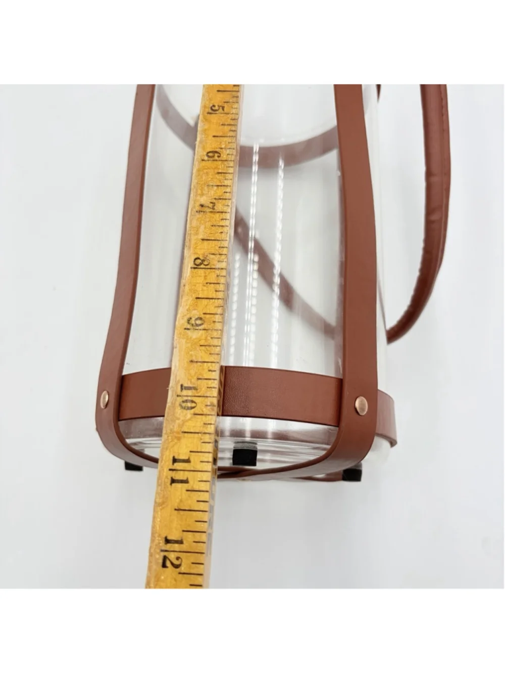 Modern Clear Glass Cylinder Vase w/ Brown Leather Harness Strap Gold Tone 10.5”